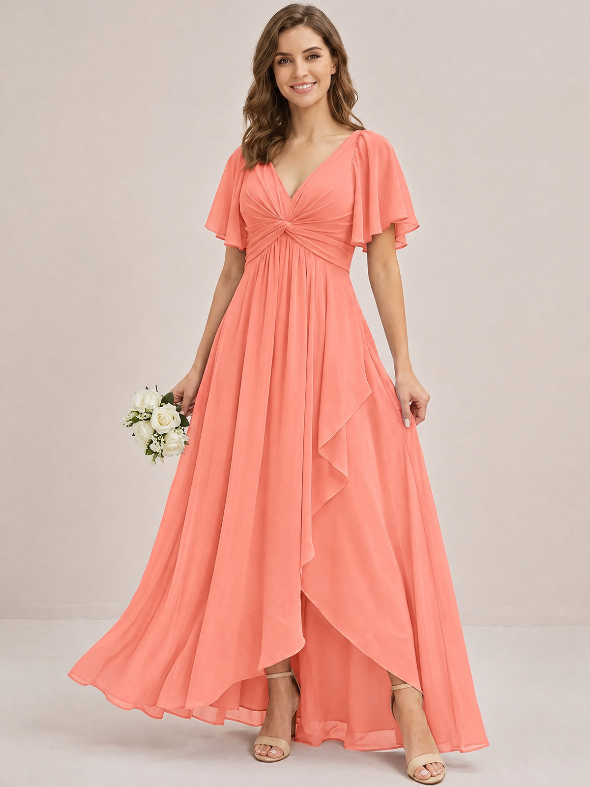 Dusty Blue Chiffon Bridesmaid Dress with Flutter Sleeves & High-Low Hem