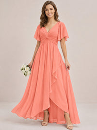 Dusty Blue Chiffon Bridesmaid Dress with Flutter Sleeves & High-Low Hem