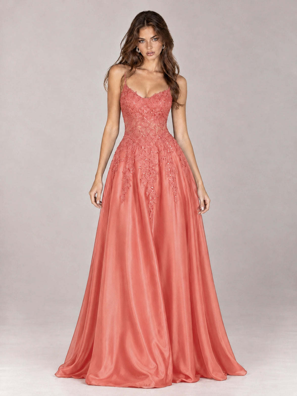 Lace Applique Satin A-Line Prom Dress with Sheer Bodice