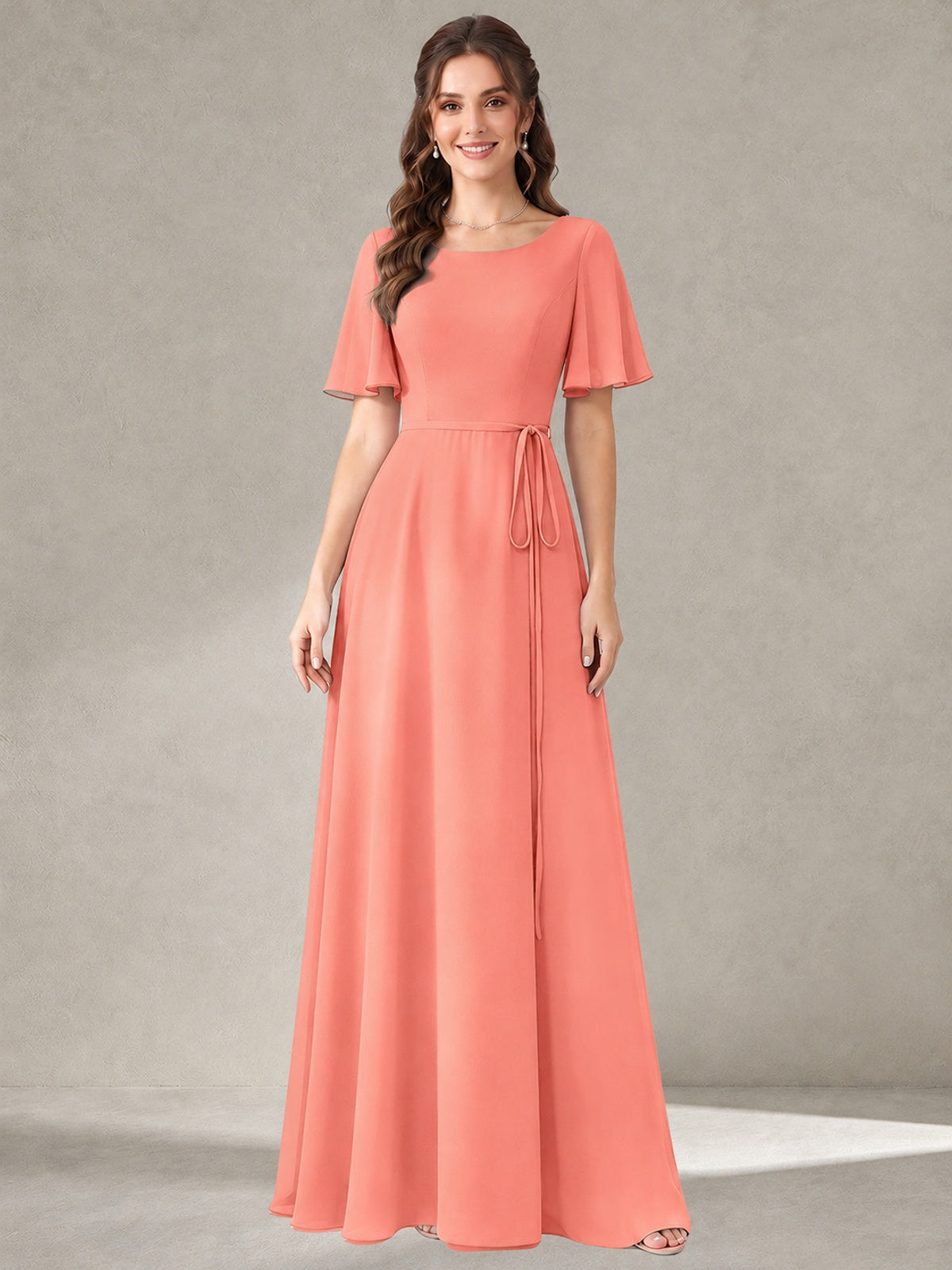 Coral Scoop Neck A-line Chiffon Bridesmaid Dress with Belt Flutter Sleeve Formal Wedding Guest Dress Evening Gown