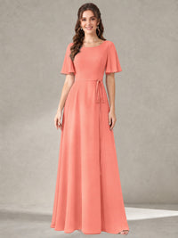 Coral Scoop Neck A-line Chiffon Bridesmaid Dress with Belt Flutter Sleeve Formal Wedding Guest Dress Evening Gown