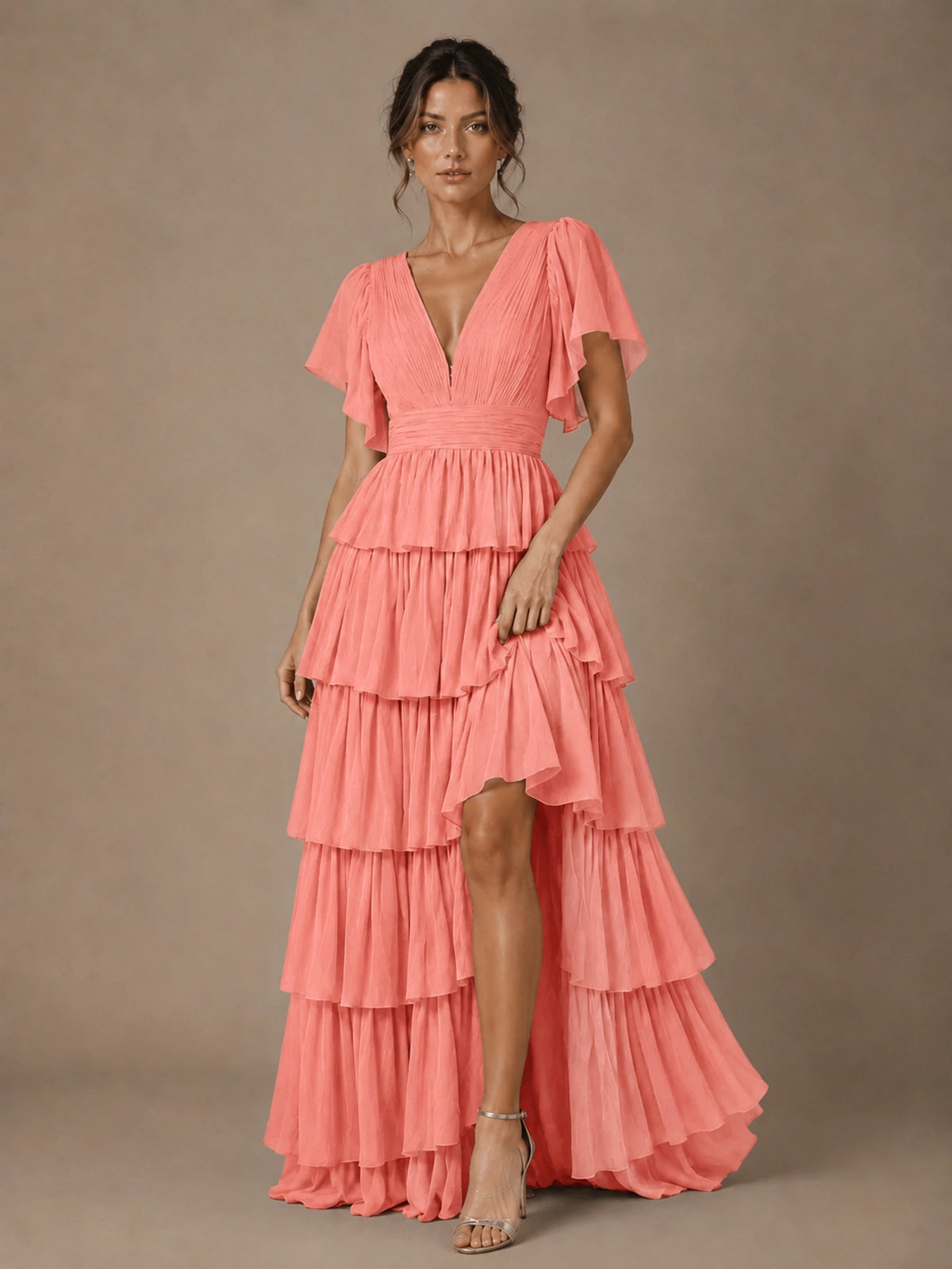 Chiffon V-Neck Tiered Ruffle Bridesmaid Dress with Slit