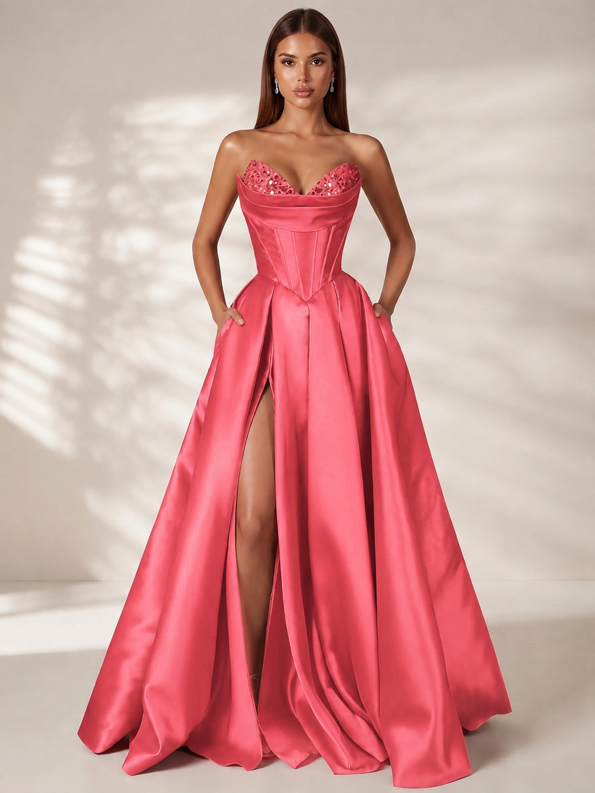 Coral Strapless Corset Satin Prom Dress Long Evening Gown with High Slit