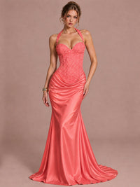 Coral Sparkling Halter Corset Satin Mermaid Prom Dress Long Ruched Sequin Formal Gown Evening Party Dress