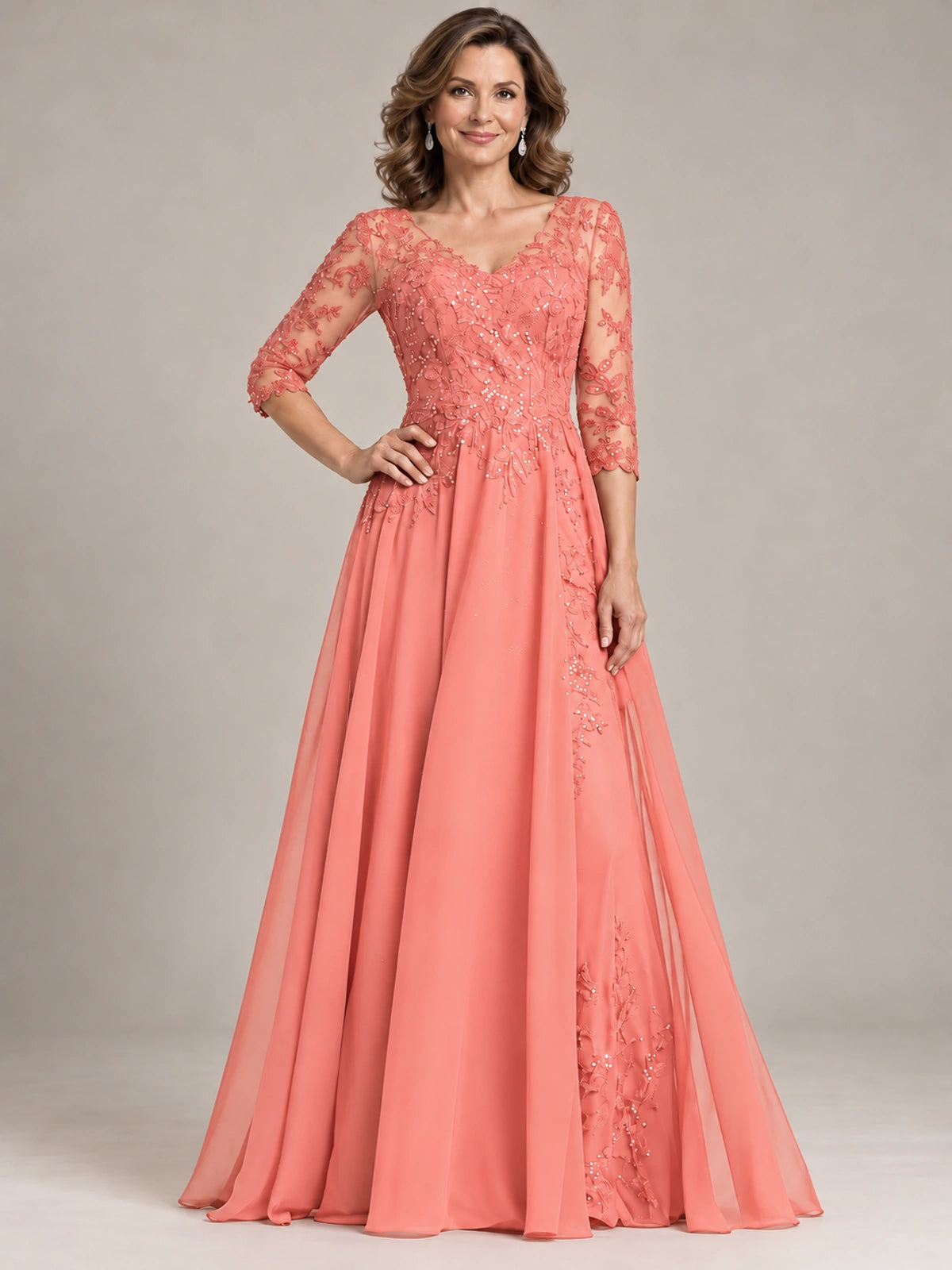 Sequin Lace A-Line Mother of the Bride Dress with 3/4 Sleeves
