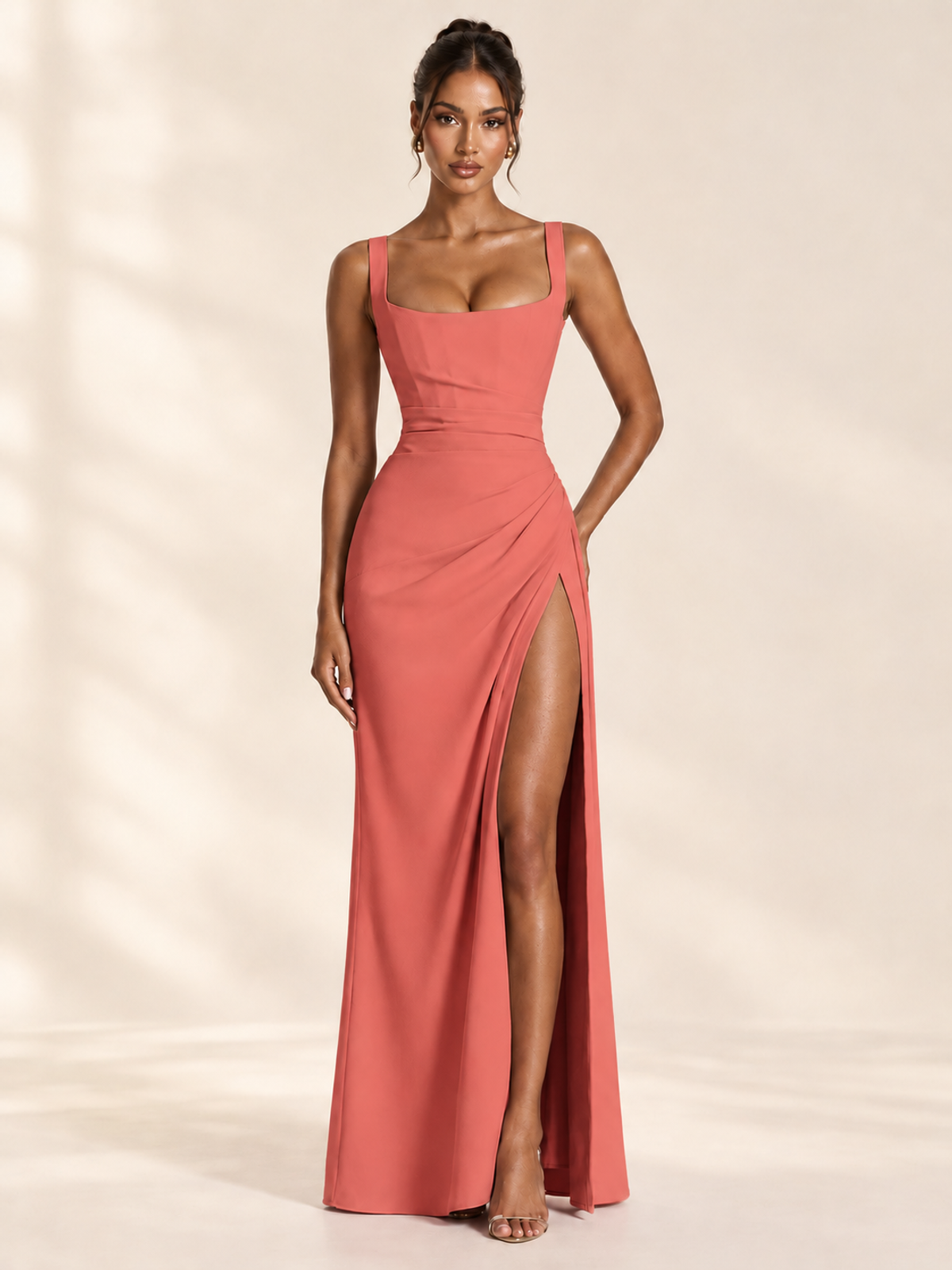 Square Neck Satin Sleeveless Ruched Prom Dress with High Slit