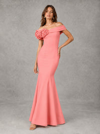 Blush Pink Off Shoulder Mermaid Bridesmaid Dress with Floral Rosette
