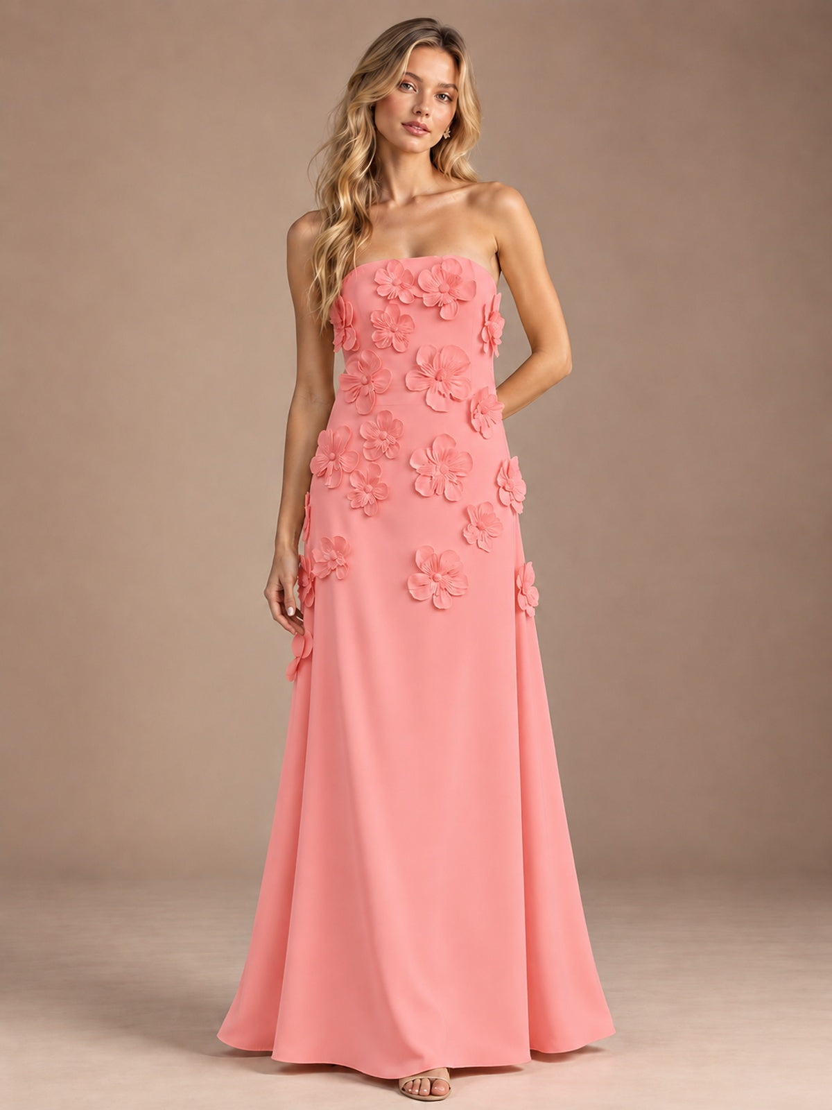 Coral-Strapless 3D Floral A-line Satin Prom Maxi Dress Formal Evening Gown