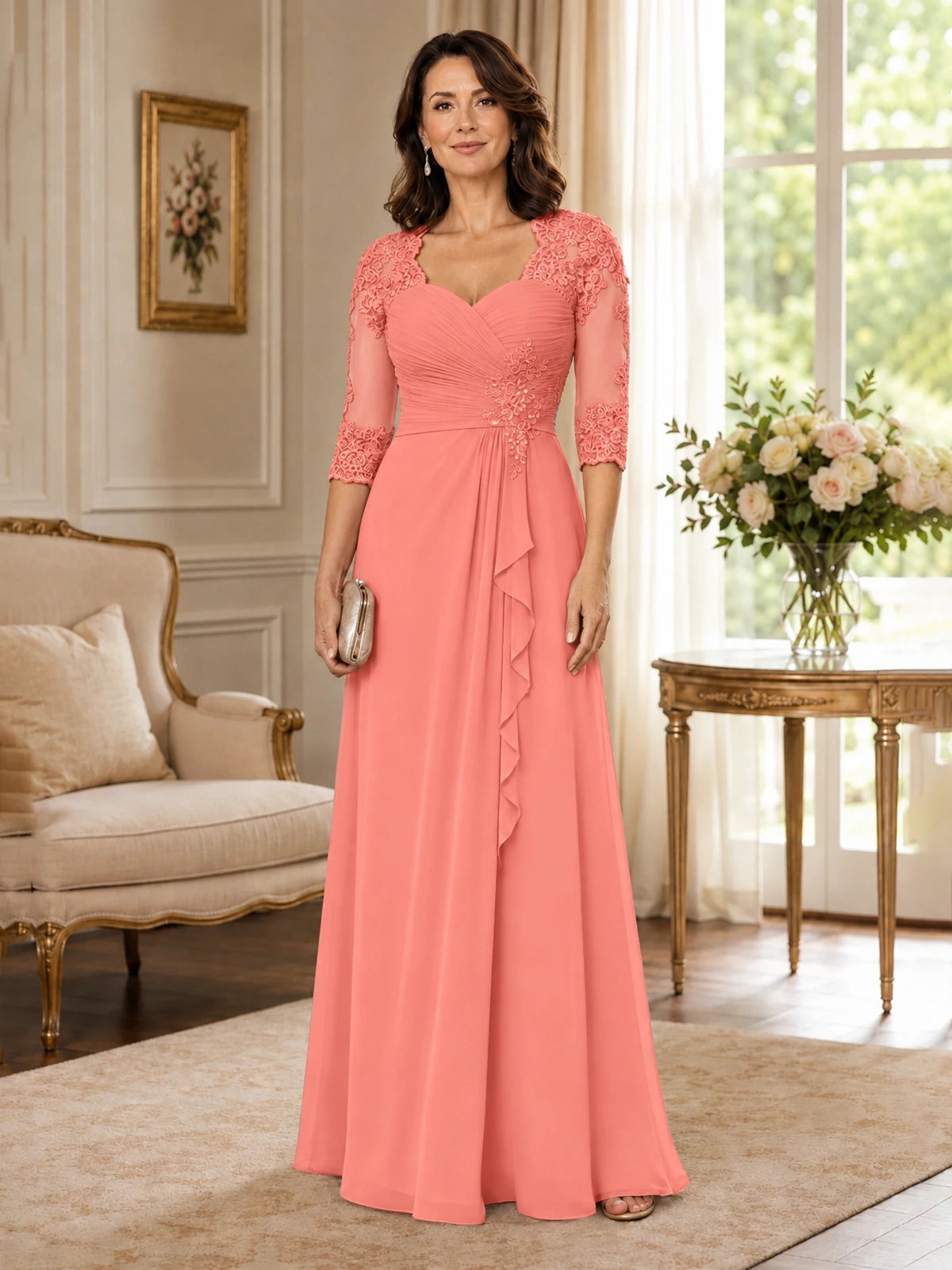 Chiffon Lace Applique Mother of the Bride Dress with 3/4 Sleeves