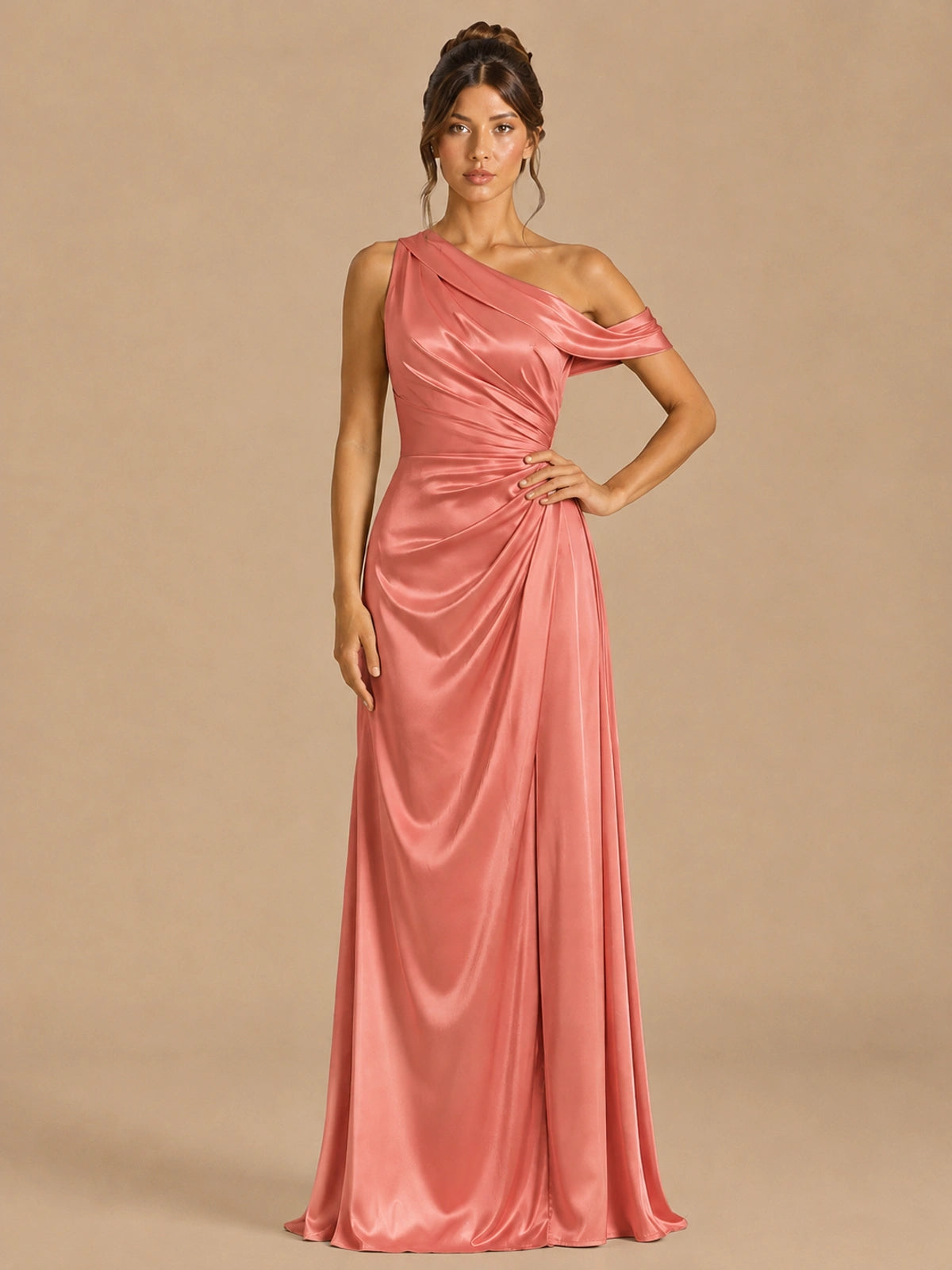 Coral-satin one shoulder prom dress ruched long formal gow Jovelle