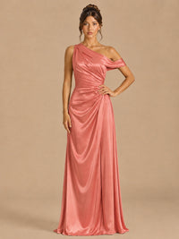 Coral-satin one shoulder prom dress ruched long formal gow Jovelle
