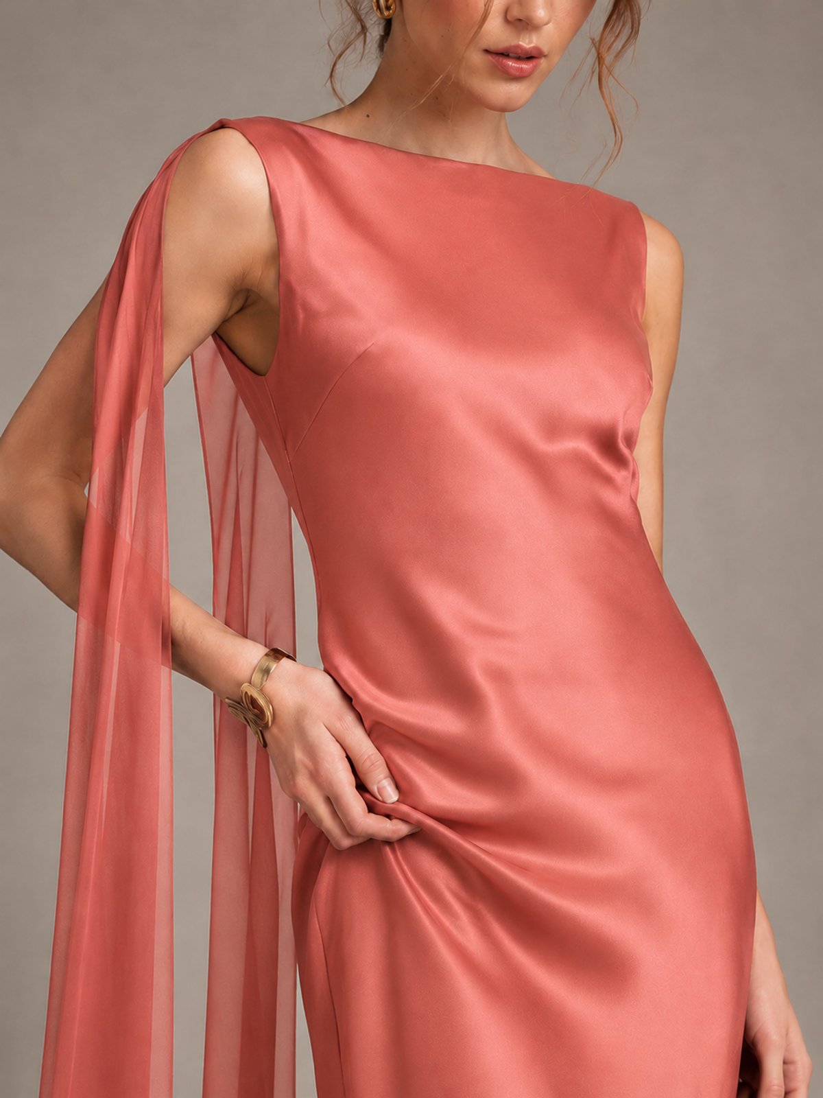 Burgundy Satin Mermaid Cape Maxi Dress