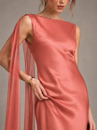 Burgundy Satin Mermaid Cape Maxi Dress