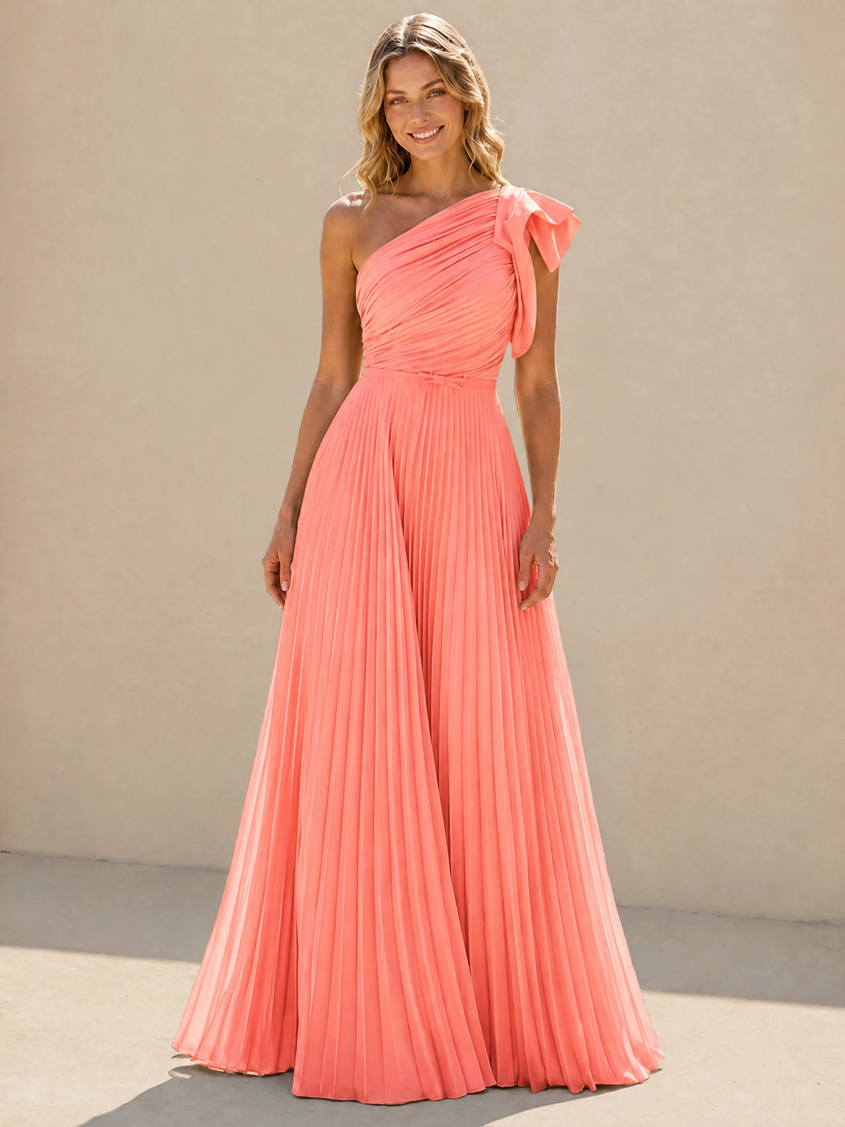 One Shoulder Pleated Chiffon A-Line Floor-Length Bridesmaid Dress