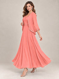 Dusty Blue Floral Lace Chiffon Mother of the Bride Dress with Jacket