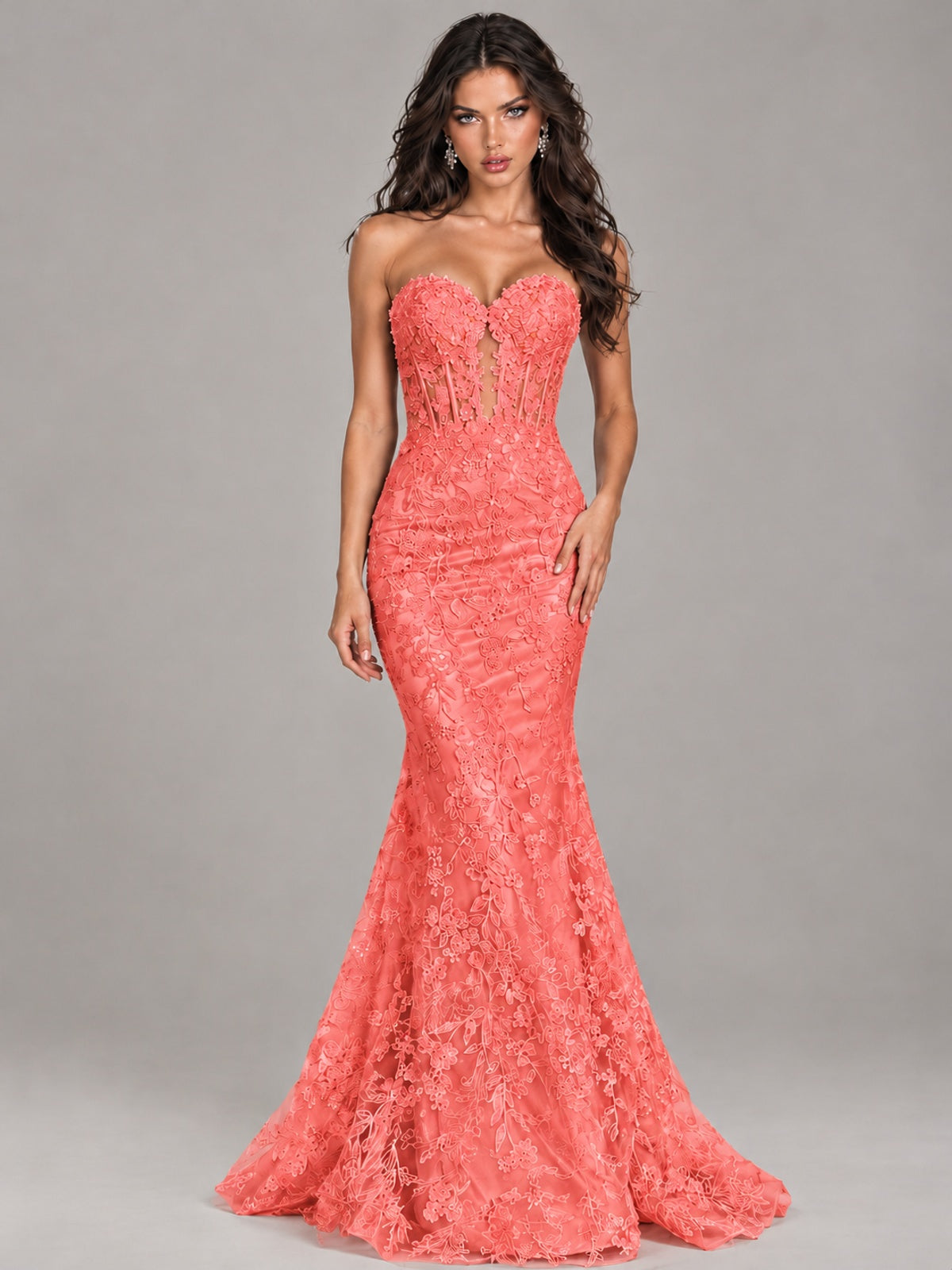 Strapless Corset Mermaid Prom Dress Lace Appliqué Formal Gown