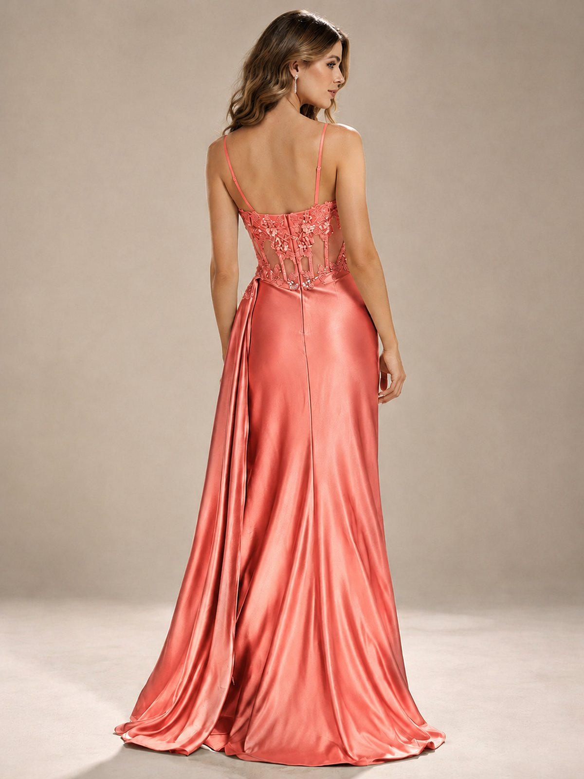 Mermaid Satin Prom Dress with Floral Appliqué Corset and High Slit