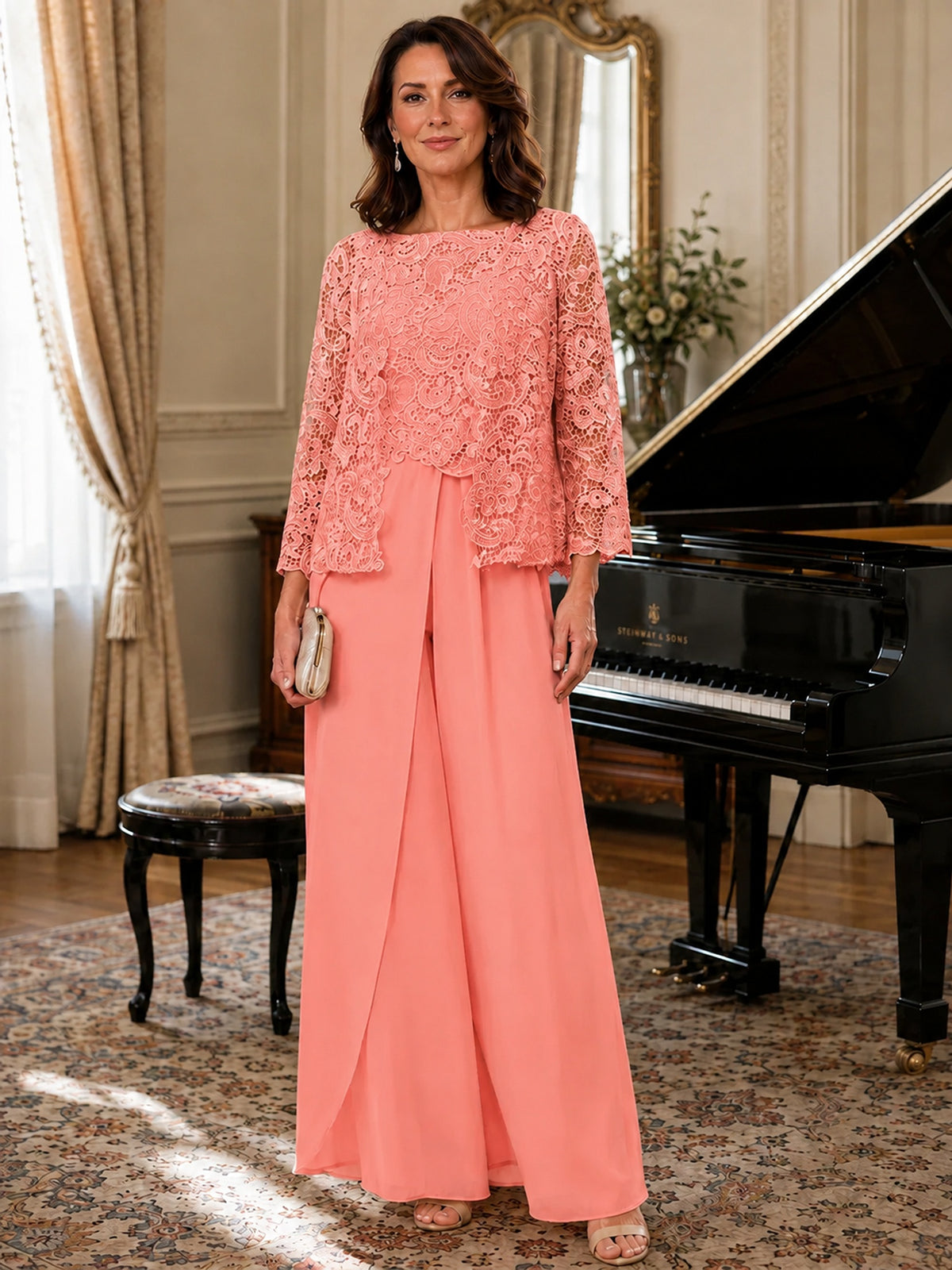 Elegant 3-Piece Chiffon Mother of the Bride Pantsuit with Floral Applique Jacket