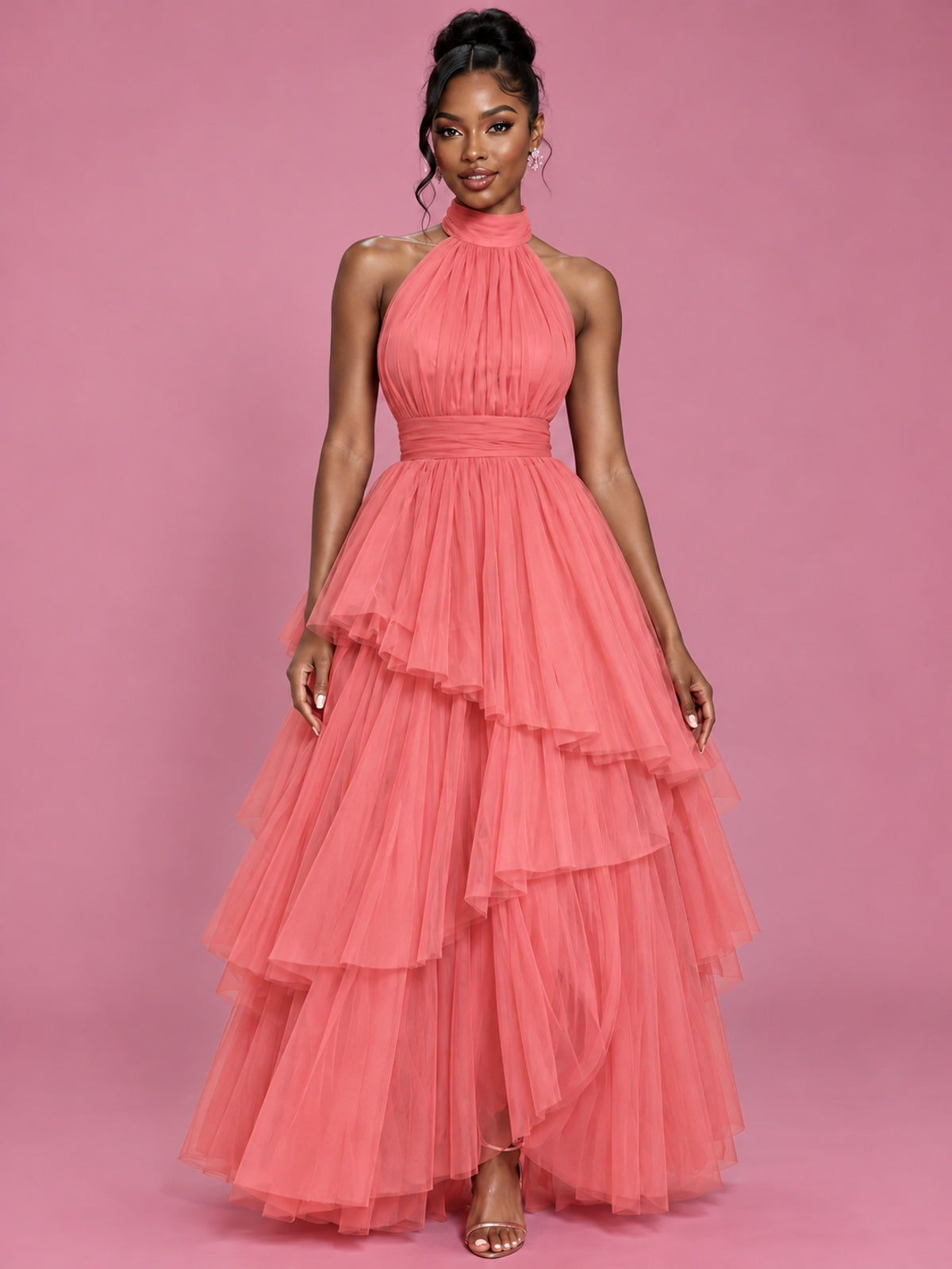 Hot Pink Tulle Halter Neck Tiered Ruffle Maxi Dress