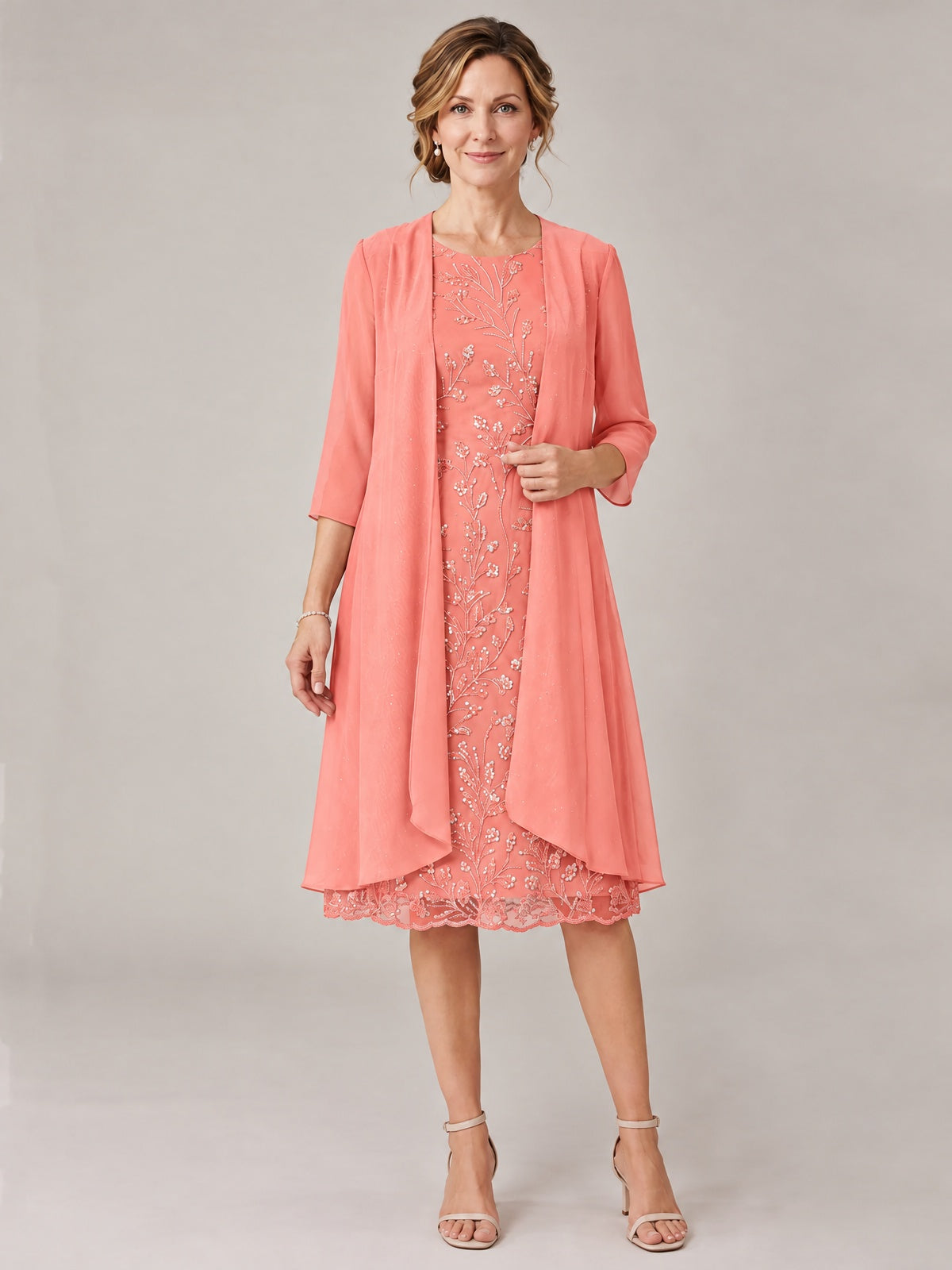 Coral-2 Piece Lace Appliques Chiffon Mother of The Bride Dress with Sequin
