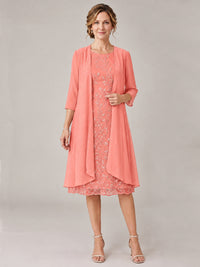 Coral-2 Piece Lace Appliques Chiffon Mother of The Bride Dress with Sequin