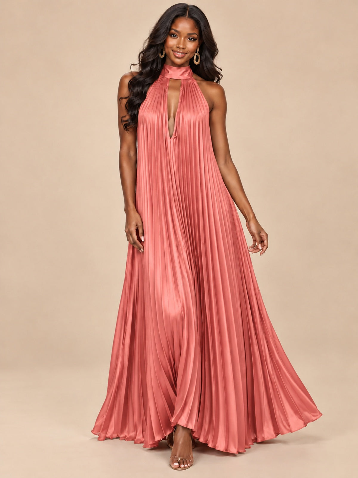Rust Orange Pleated Halter Neck Maxi Dress