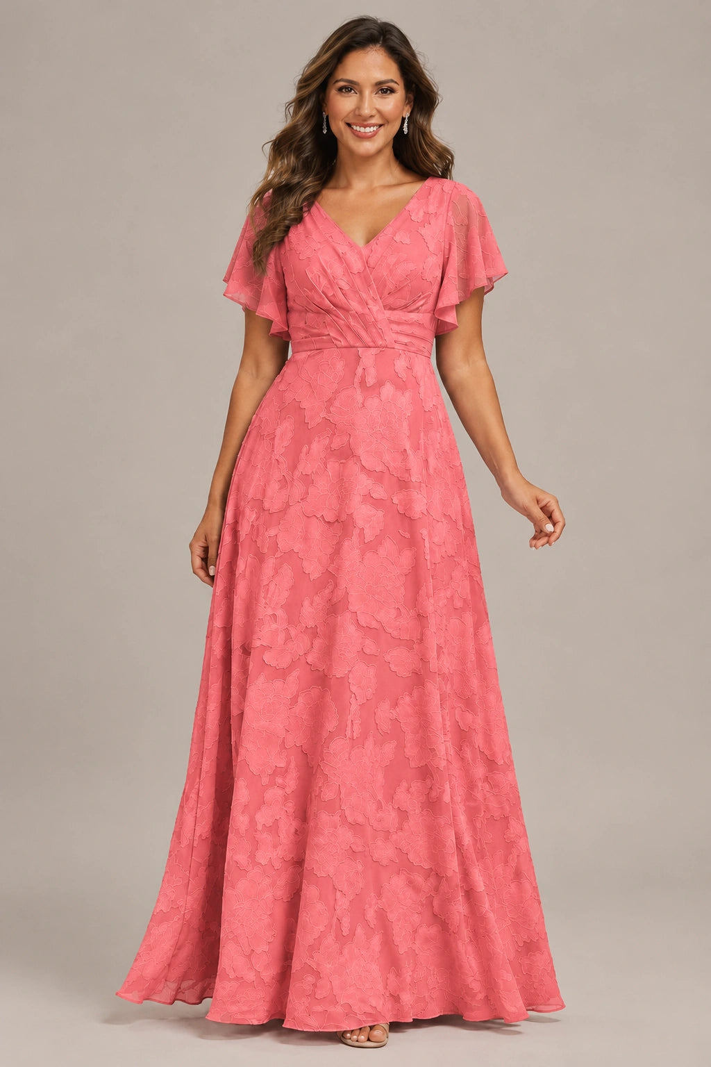 Jovellee Floral Chiffon A-Line Mother of the Bride Dress with Flutter Sleeves
