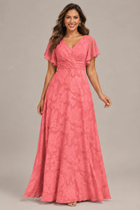 Jovellee Floral Chiffon A-Line Mother of the Bride Dress with Flutter Sleeves