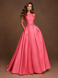 Satin A-Line Prom Dress Sleeveless Beaded Waist Formal Gown with Pockets
