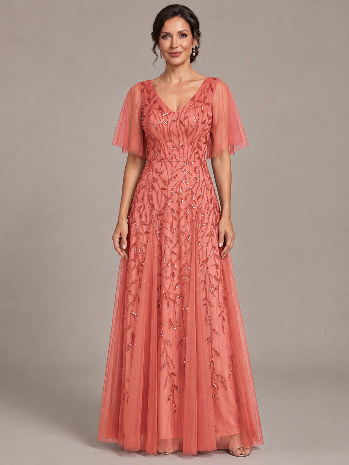 Coral V-Neck Sequin Tulle Mother of the Bride Dress with Flutter Sleeve A-line Evening Formal Wedding Guest Dress