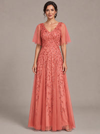 Coral V-Neck Sequin Tulle Mother of the Bride Dress with Flutter Sleeve A-line Evening Formal Wedding Guest Dress