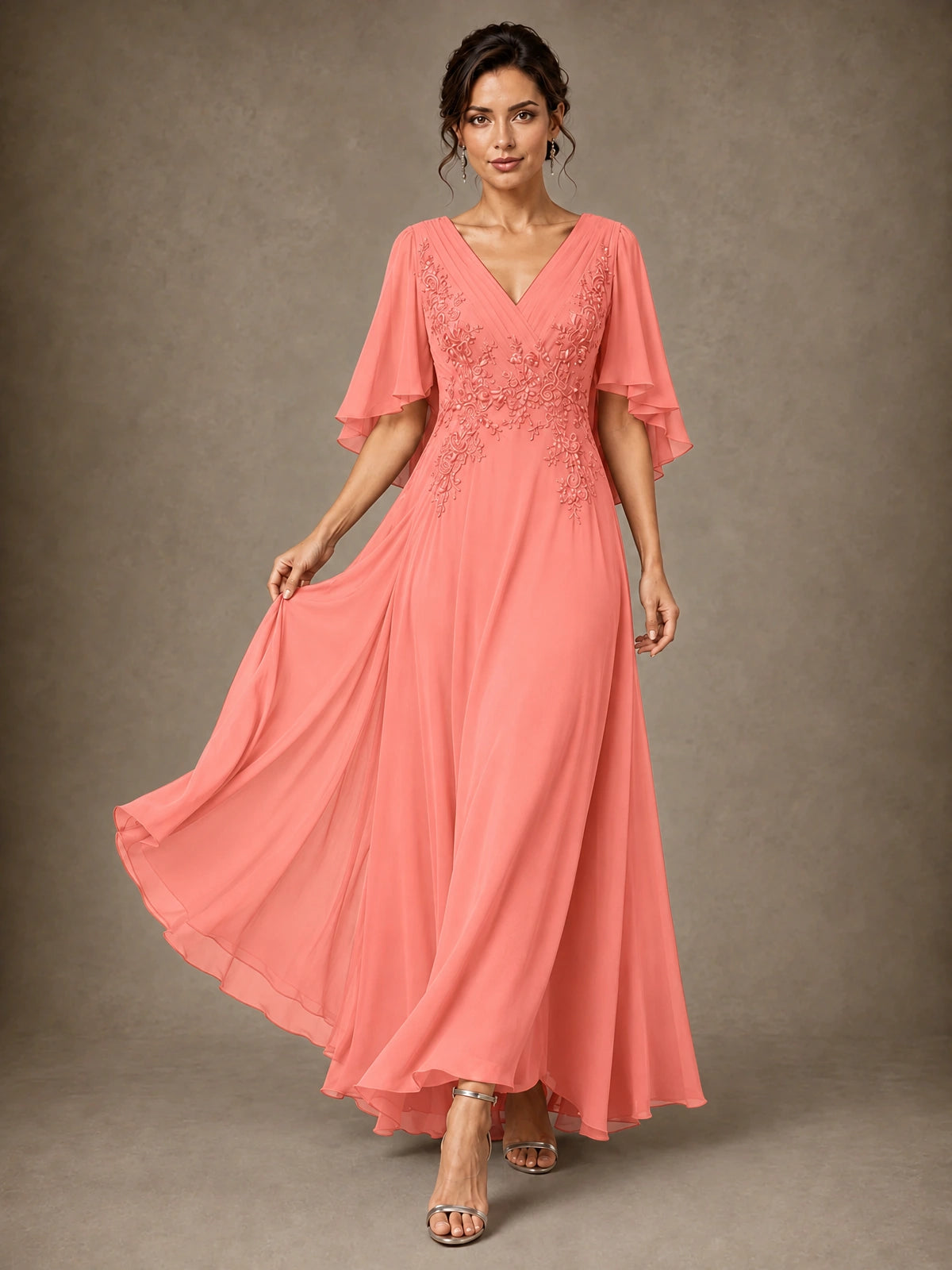 V-Neck Chiffon Lace Mother of the Bride Dress with Flutter Sleeves