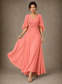 V-Neck Chiffon Lace Mother of the Bride Dress with Flutter Sleeves