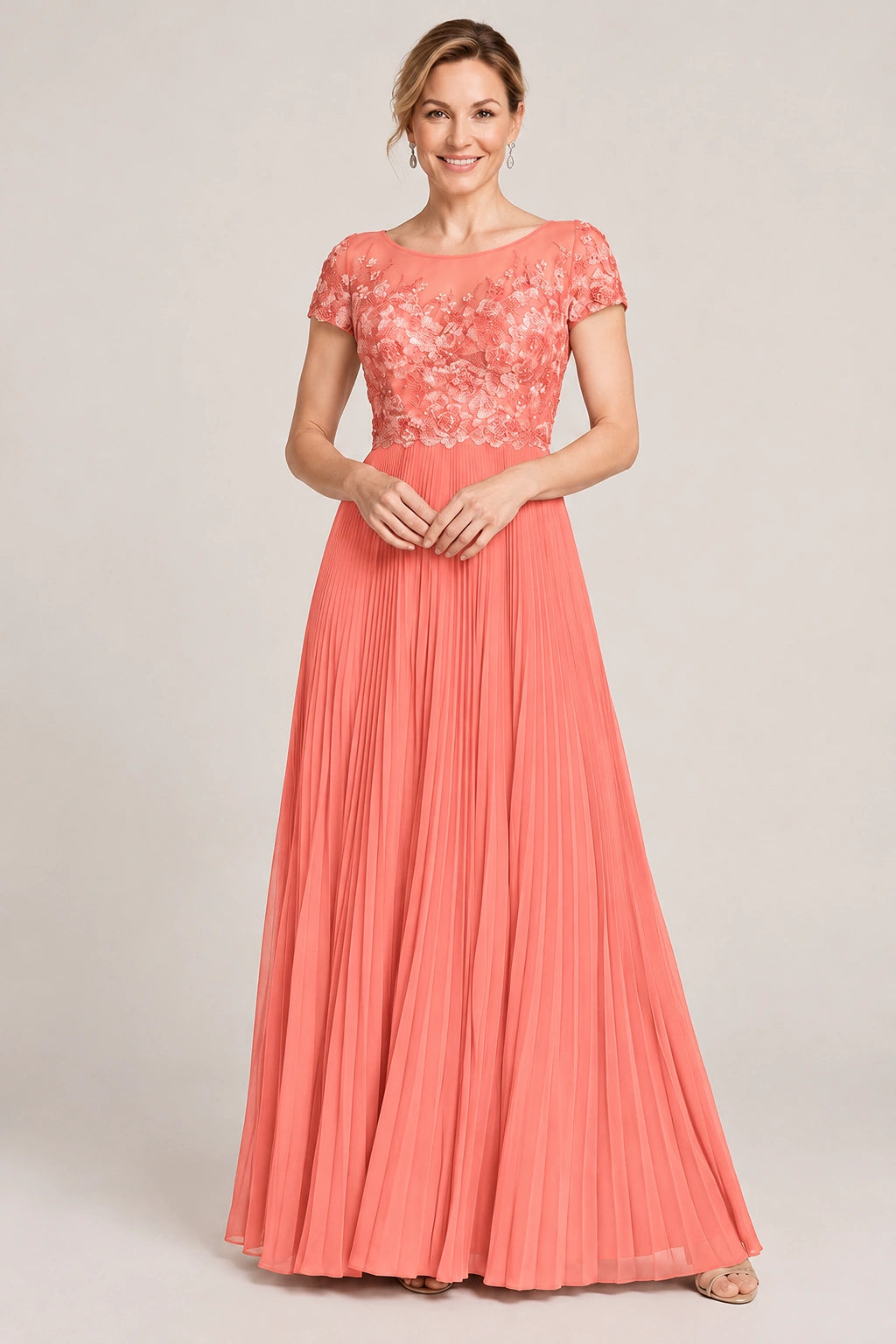 Embroidered Lace Pleated Mother of the Bride Dress