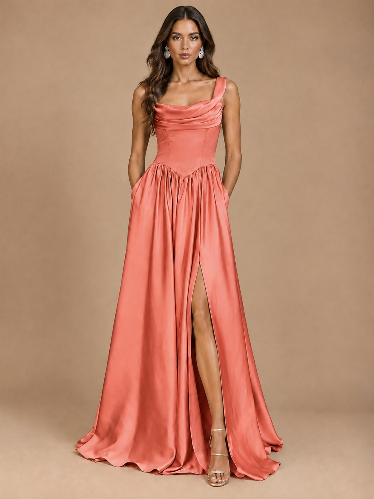 Cowl Neck Pleated Satin Prom Dress with Pockets & Slit Maxi Formal Gowns