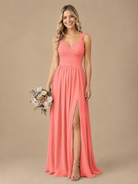 Pleated Chiffon V Neck Wedding Bridesmaid Dresses Floor Length with Slit