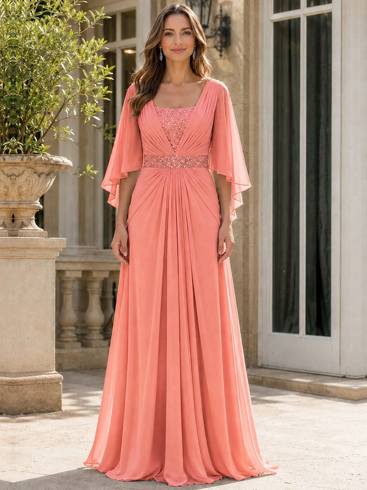 Elegant V-Neck Sequined Chiffon Mother of the Bride Dress with Flutter Sleeves