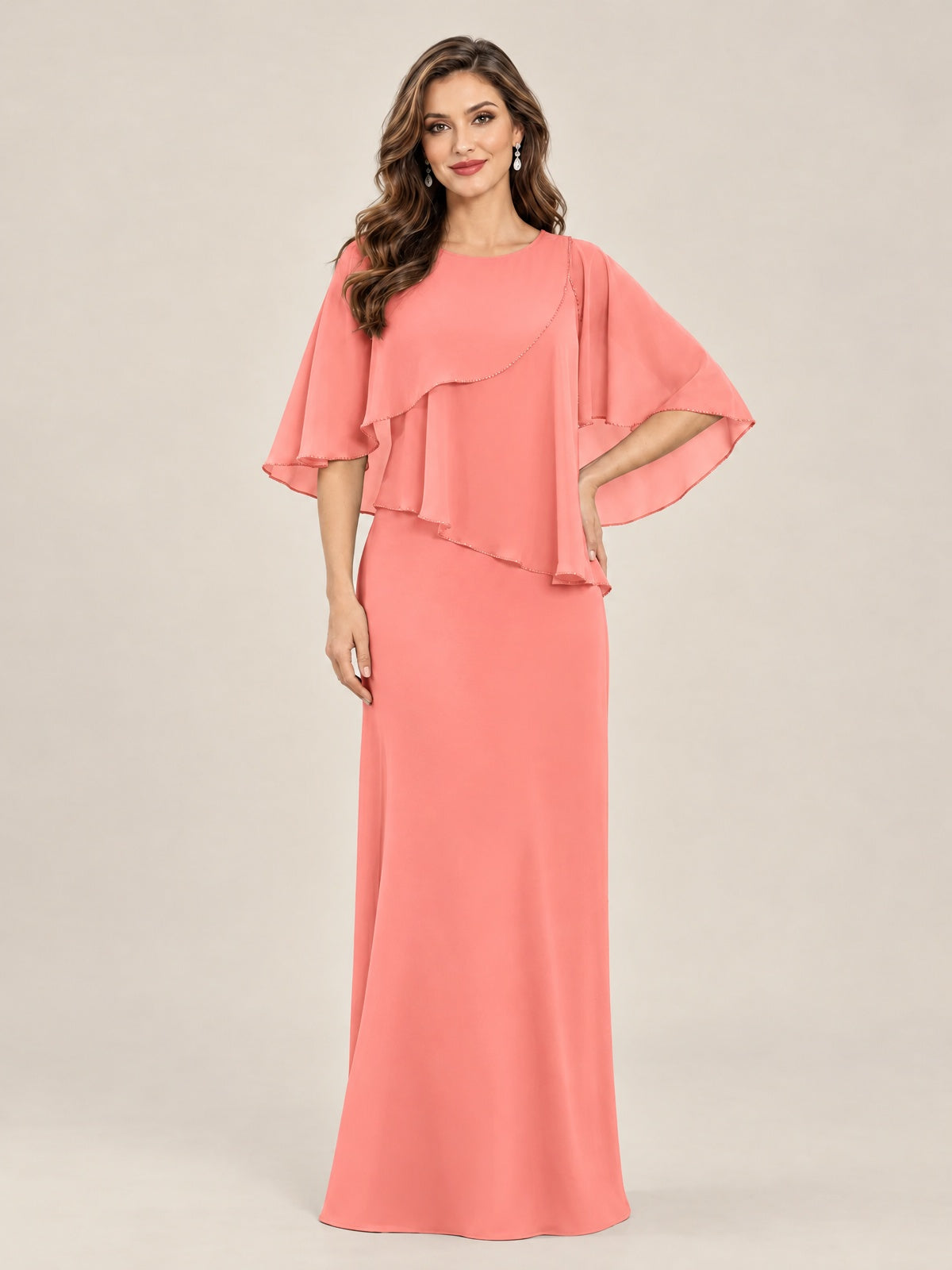 Coral-Chiffon 2 Piece A Line Mother of The Bride Dresses with Cape