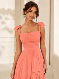 Ruffle Slit Chiffon A Line Scoop Neck Bridesmaid Dresses with Pockets