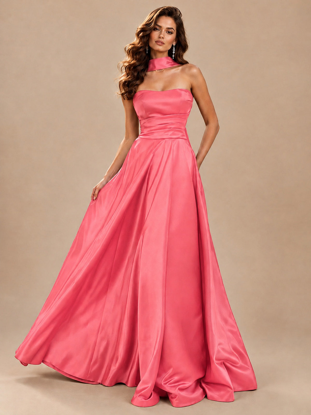 Strapless Prom Dress Side High Slit A-line Formal Dress with Scarf