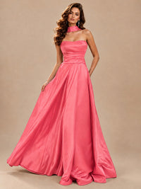 Strapless Prom Dress Side High Slit A-line Formal Dress with Scarf