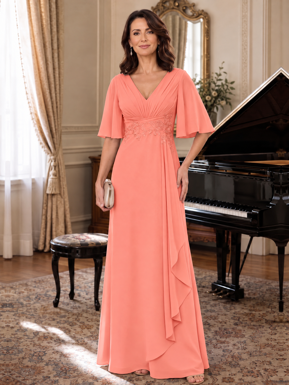 Coral V-Neck Chiffon Lace Mother of the Bride Dresses with Flutter Sleeve A-line Long Ruffled Evening Formal Wedding Guest Gown