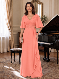 Coral V-Neck Chiffon Lace Mother of the Bride Dresses with Flutter Sleeve A-line Long Ruffled Evening Formal Wedding Guest Gown