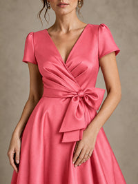 V-Neck Tea-Length Satin Mother of the Bride Dress with Bow