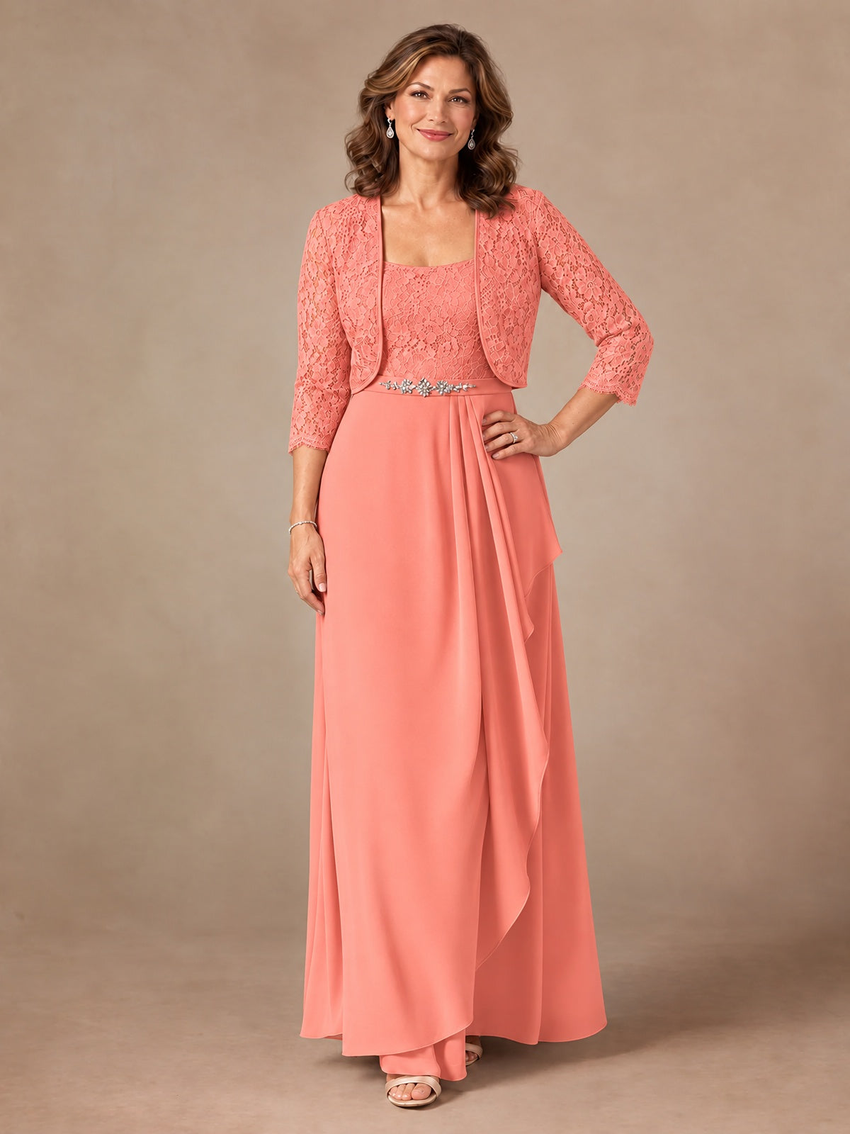 Blush Pink A-Line Mother of the Bride Dress with Lace Jacket and Ruffles