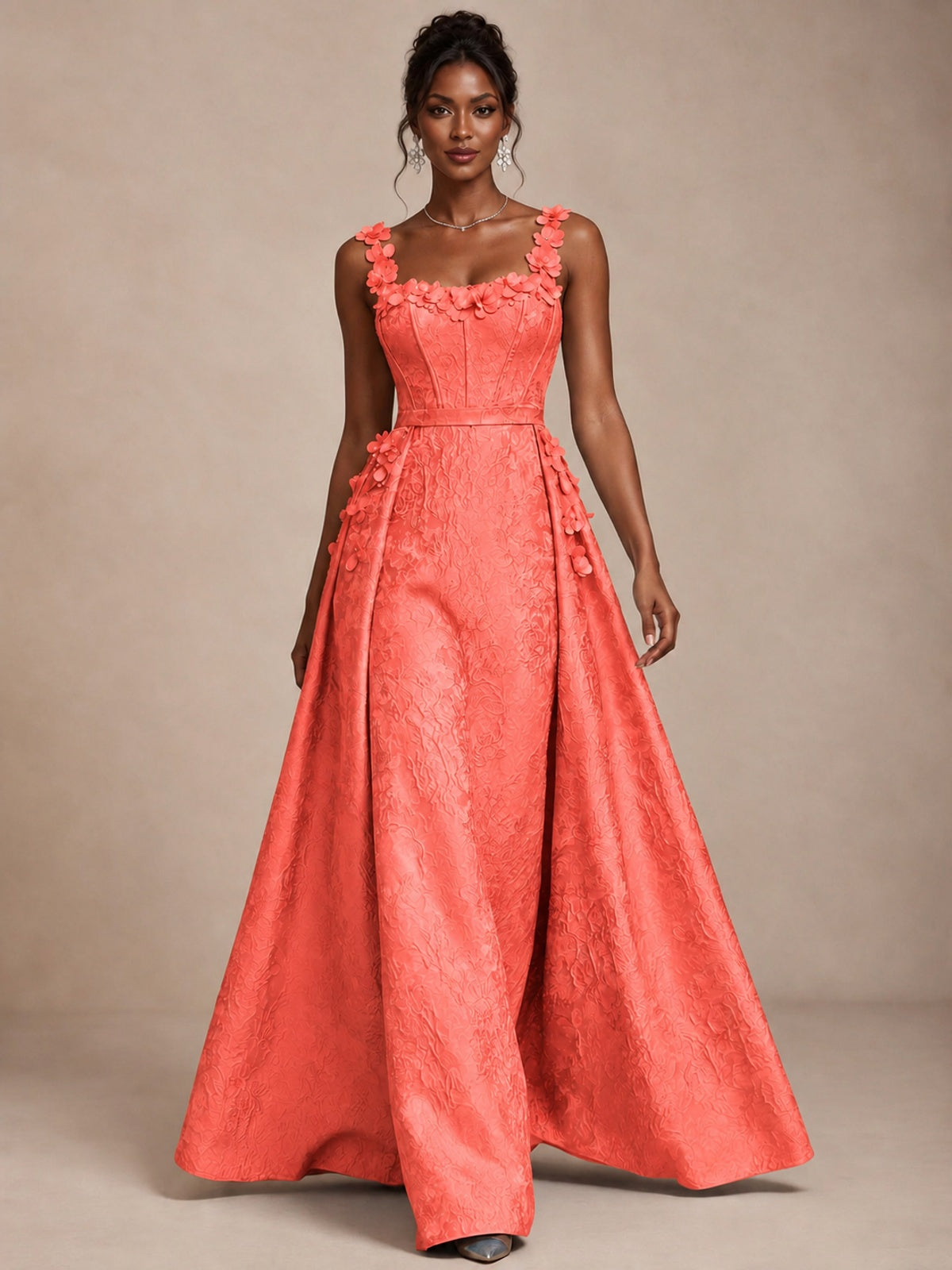 Light Blue 3D Floral Jacquard Prom Dress with Detachable Overskirt Corset Gown
