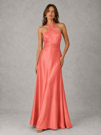 Sage Green Satin A-Line Bridesmaid Dress with Halter Neck