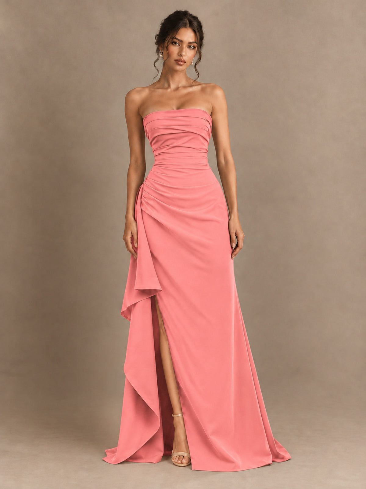 Black and White Strapless Ruched Prom Dress with High Slit & Side Drape
