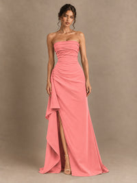 Black and White Strapless Ruched Prom Dress with High Slit & Side Drape