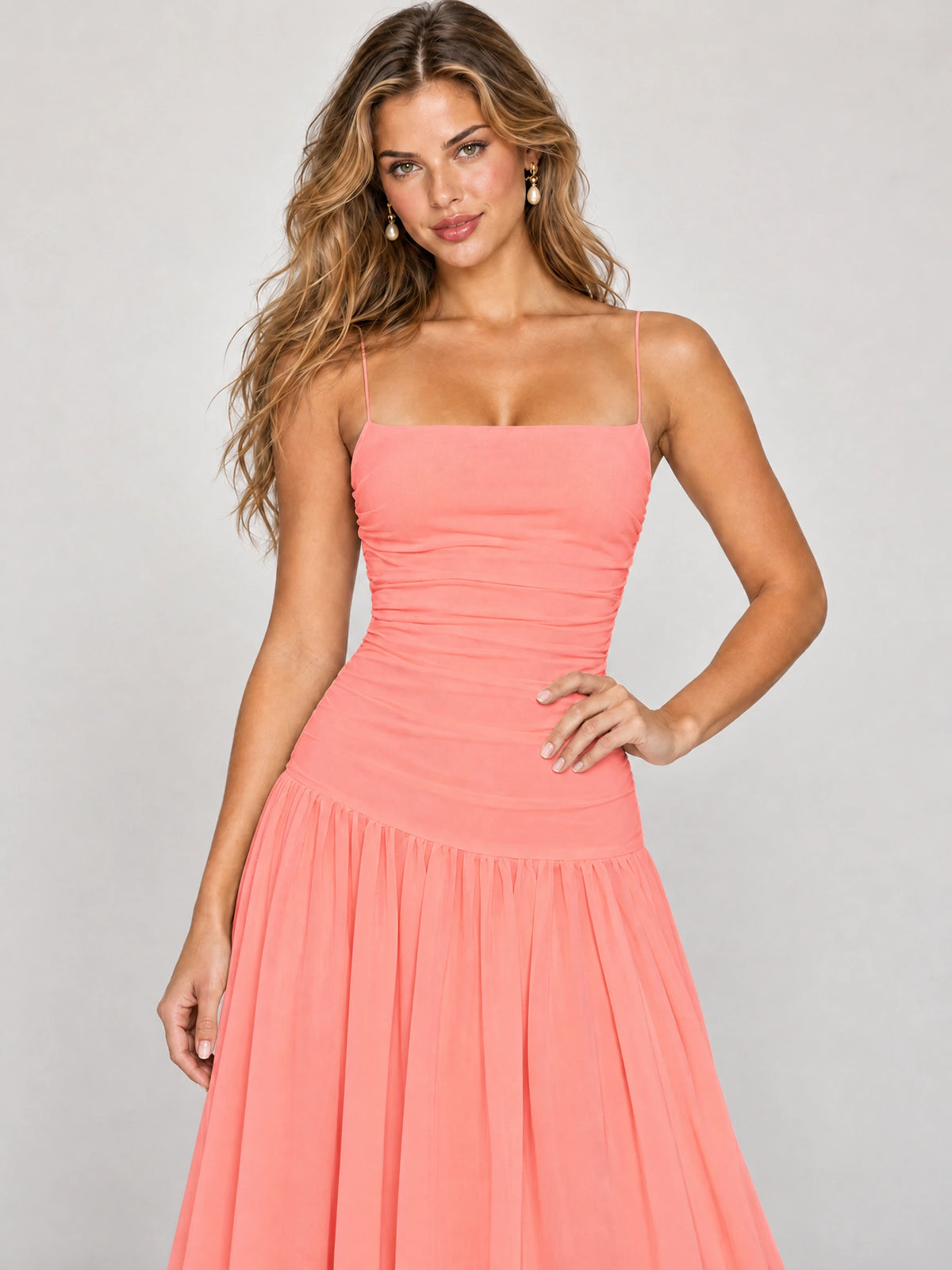 Butter Yellow Ruched Spaghetti Strap Drop-Waist Prom Dress